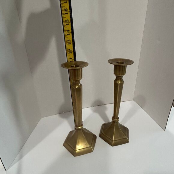 Vintage Brass Candlesticks Holder Featuring Six Sided Hexagonal Base Design - Picture 5 of 12